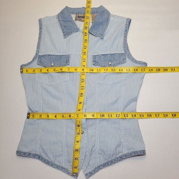 Sasson Vintage 90s Blue Gingham and Denim Sleeveless Pearl Snap Shirt Western - Picture 7 of 7